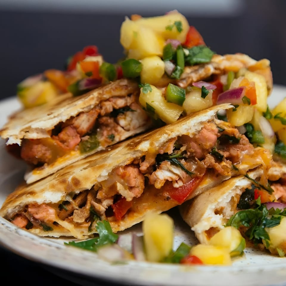 Tikka Curry & Grill quesadillas filled with meat and vegetables, topped with pineapple salsa.